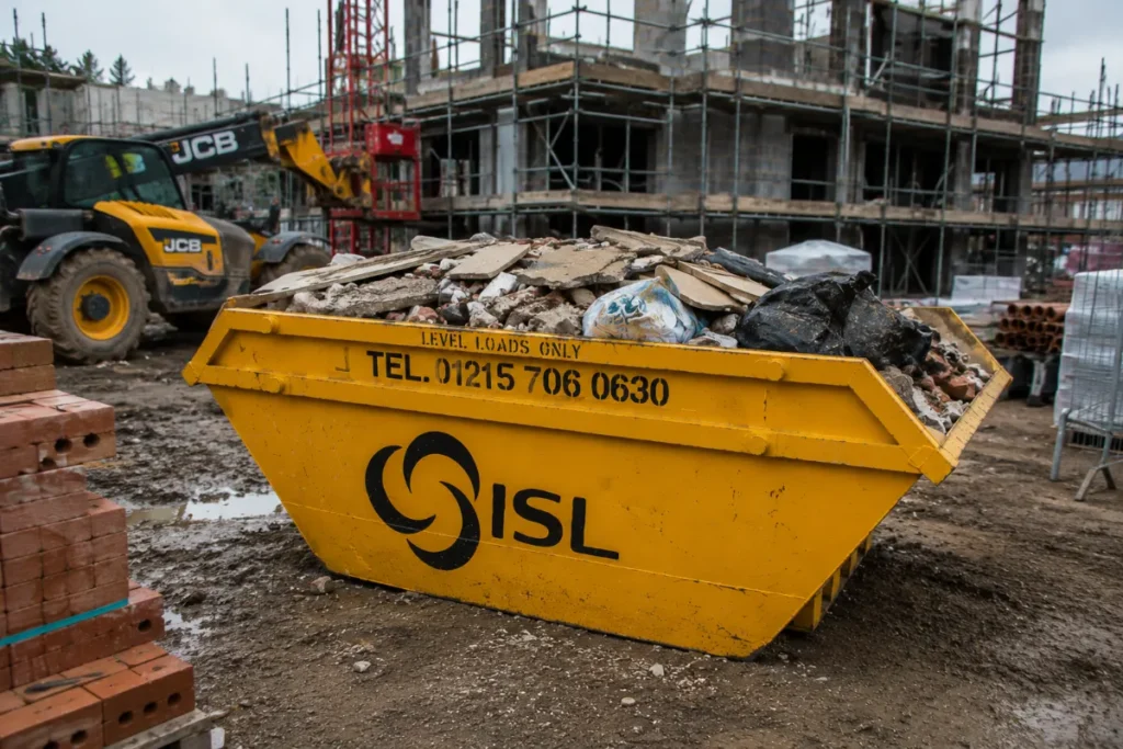 ISL builders skip filled with renovation waste on Birmingham construction site showing the importance of choosing the correct skip size