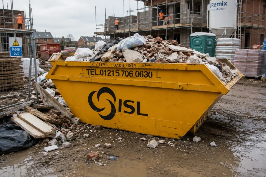 ISL waste skip handling heavy construction debris and rubble on active commercial building site